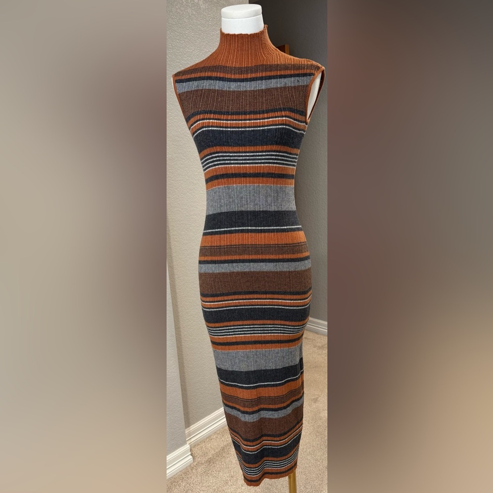 House of Harlow 1960 Striped Brown & Gray Mock Neck Knit Body Con Long Dress